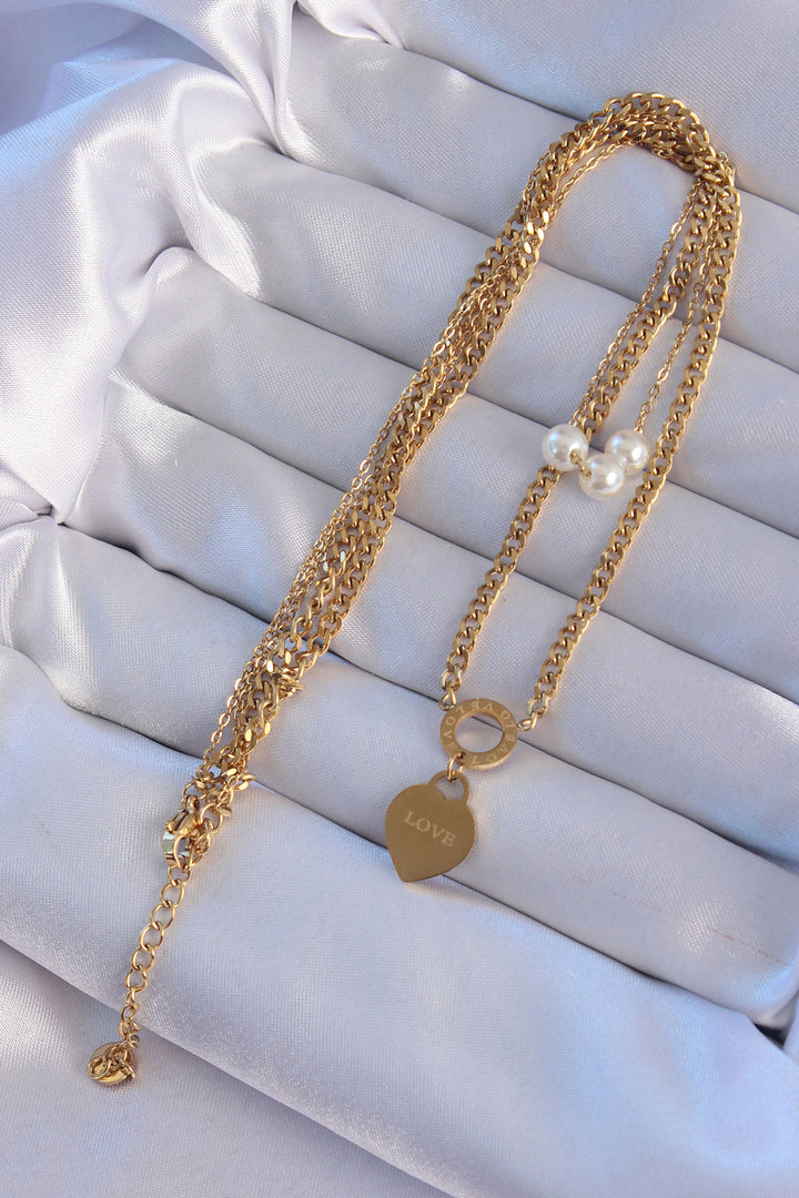 EBJ 316L Steel Gold Color Double Chain Pearl Detail Love Heart Necklace - Las Cruces