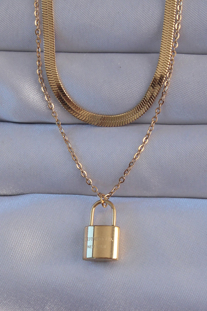 EBJ 316L Steel Gold Color Double Chain Lock Model Necklace - La Habra