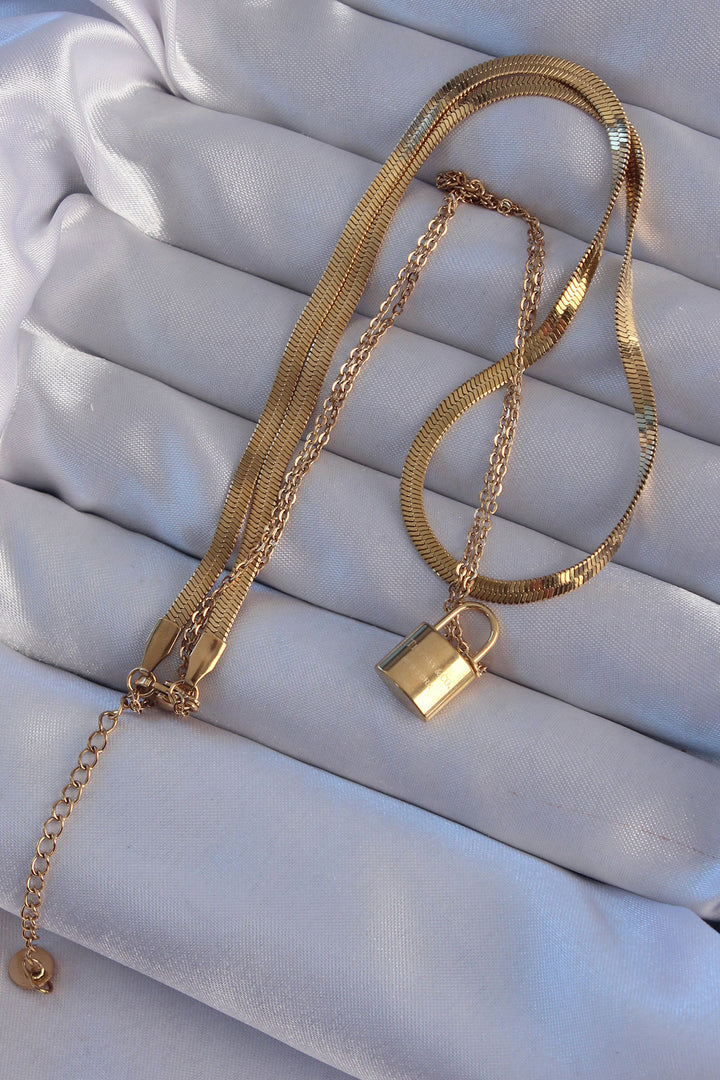 EBJ 316L Steel Gold Color Double Chain Lock Model Necklace - La Habra