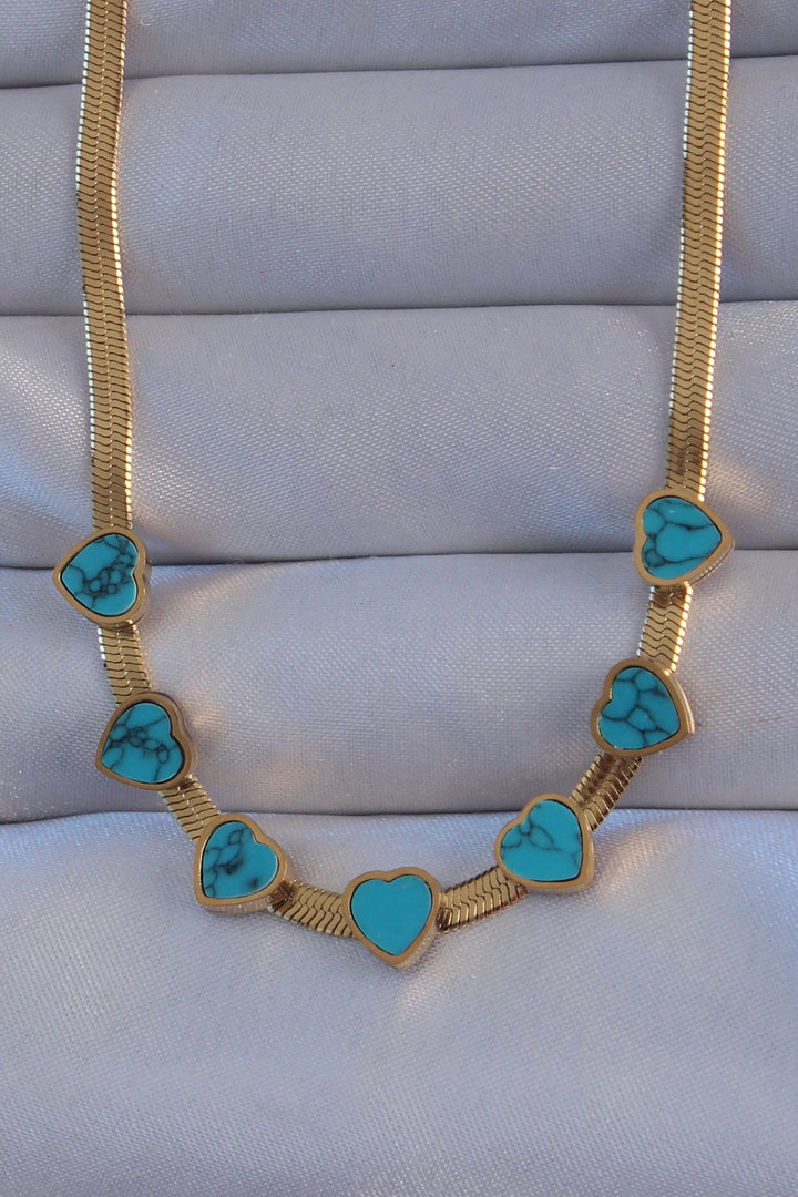 EBJ 316L Steel Gold Color Italian Chain Blue Marble Pattern Heart Necklace - Caldas da Rainha