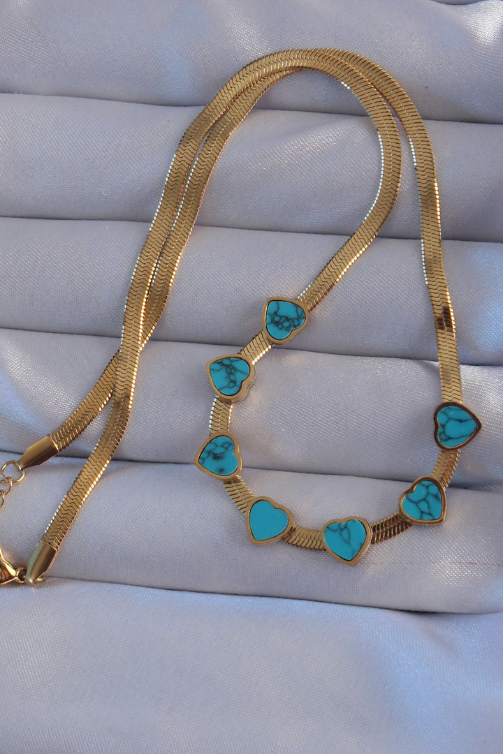 EBJ 316L Steel Gold Color Italian Chain Blue Marble Pattern Heart Necklace - Caldas da Rainha