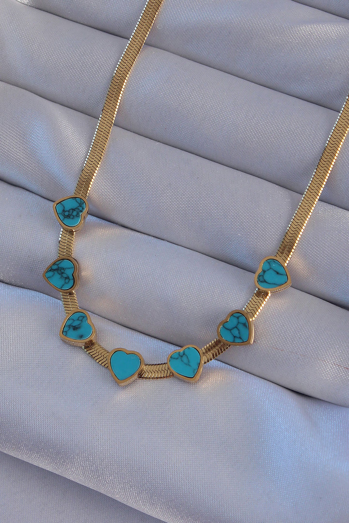 EBJ 316L Steel Gold Color Italian Chain Blue Marble Pattern Heart Necklace - Caldas da Rainha