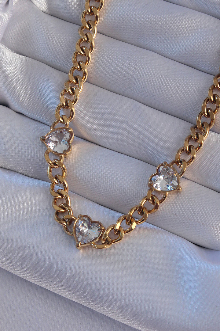 EBJ 316L Steel Gold Color Zircon Stone Heart Model Chain Necklace - Tríkala
