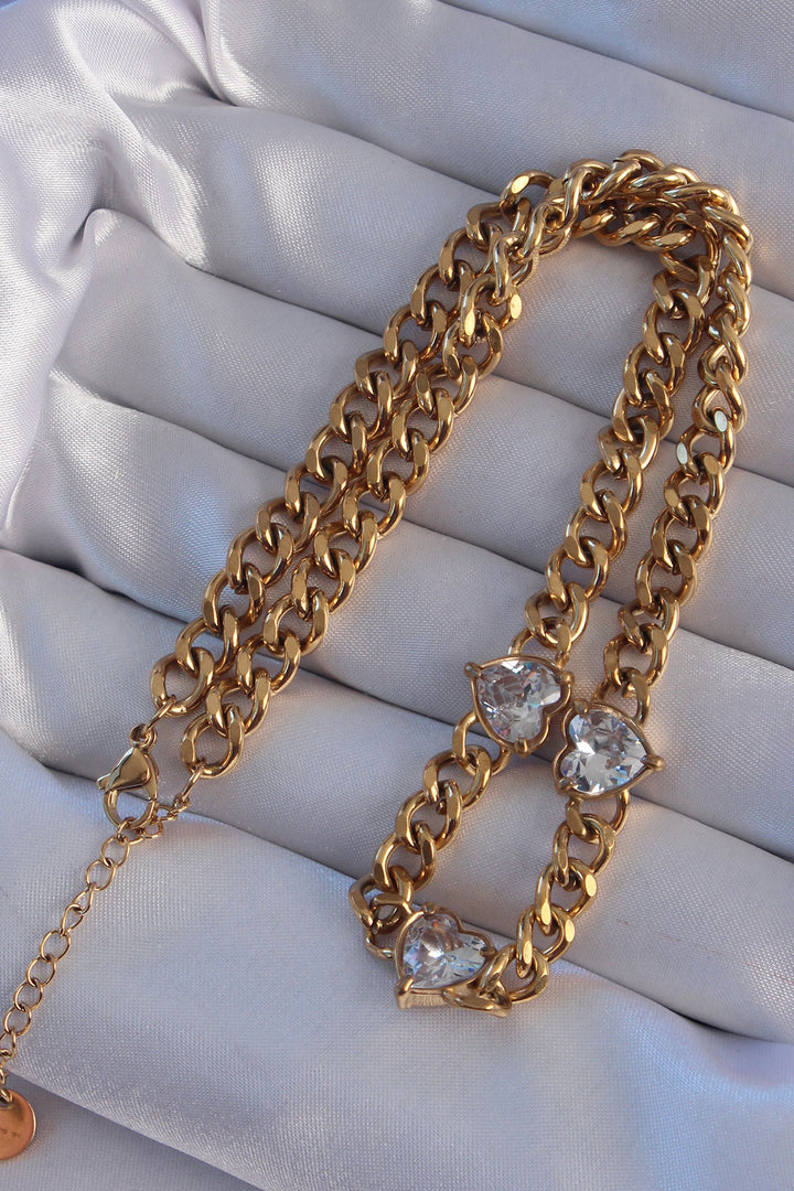 EBJ 316L Steel Gold Color Zircon Stone Heart Model Chain Necklace - Tríkala