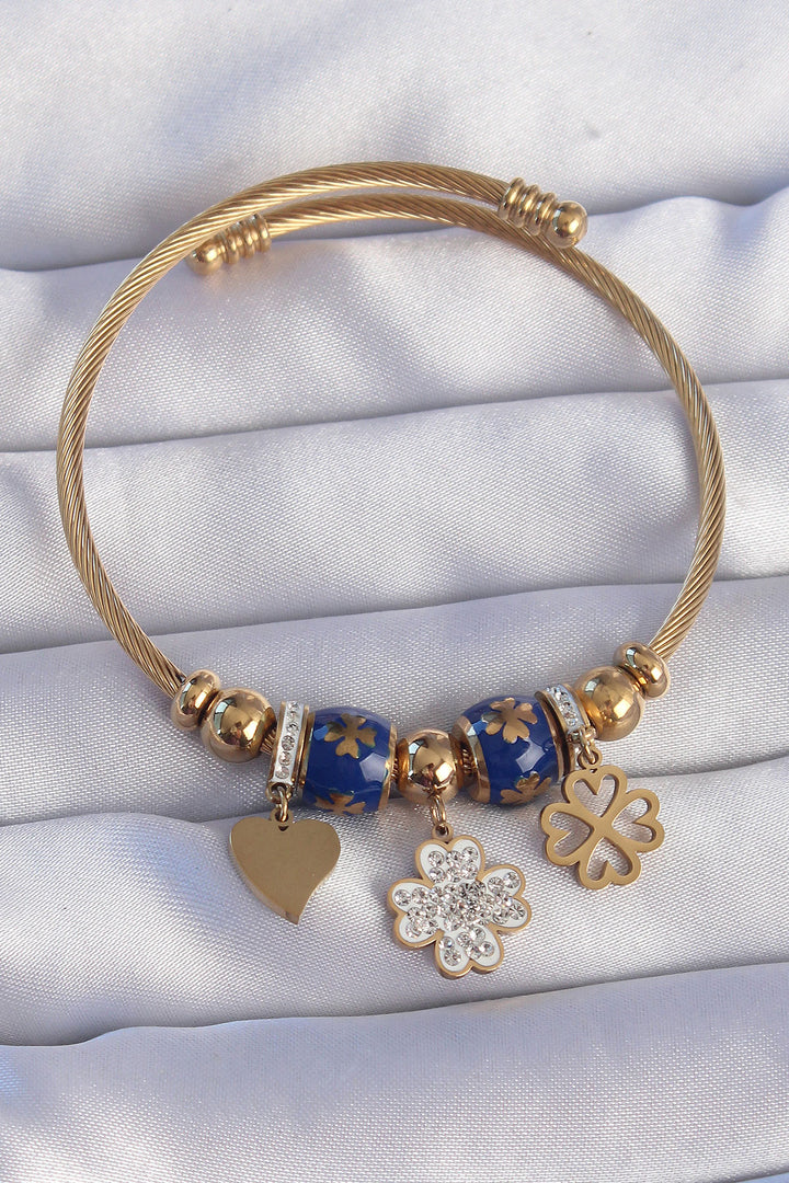 EBJ 316L Steel Gold Color Clover Design Heart Detail Enamel Charm Bracelet with Zircon Stone - Salvatierra