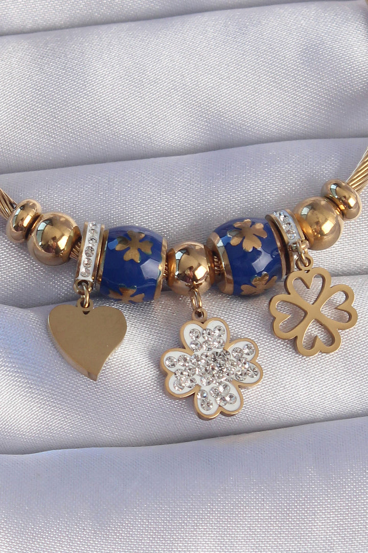 EBJ 316L Steel Gold Color Clover Design Heart Detail Enamel Charm Bracelet with Zircon Stone - Salvatierra