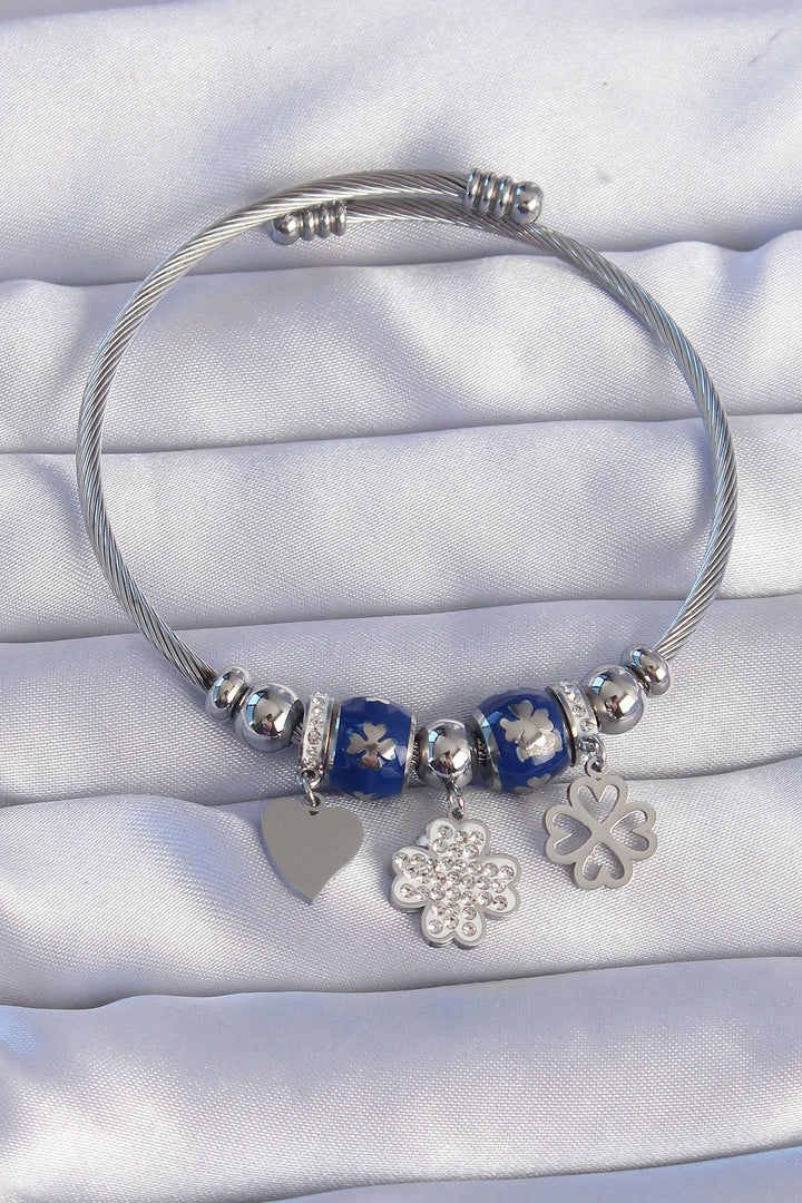 EBJ 316L Stainless Steel Silver Color Clover Design Heart Detail Enamel Charm Bracelet with Zircon Stone - Stretford