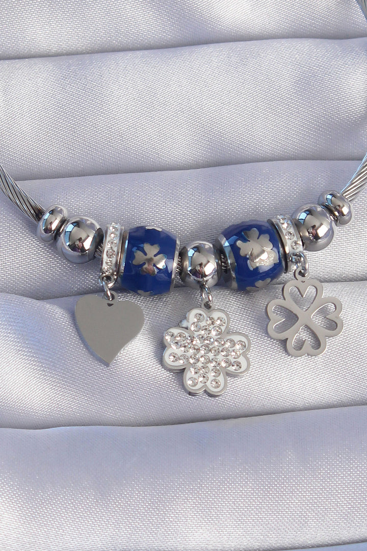 EBJ 316L Stainless Steel Silver Color Clover Design Heart Detail Enamel Charm Bracelet with Zircon Stone - Stretford
