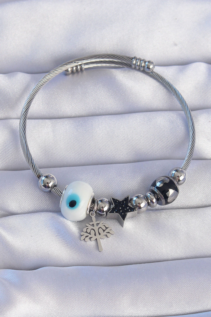 EBJ 316L Stainless Steel Silver Color Black Zircon Stone Star Design Tree Detail Evil Eye Charm Bracelet - Rochester
