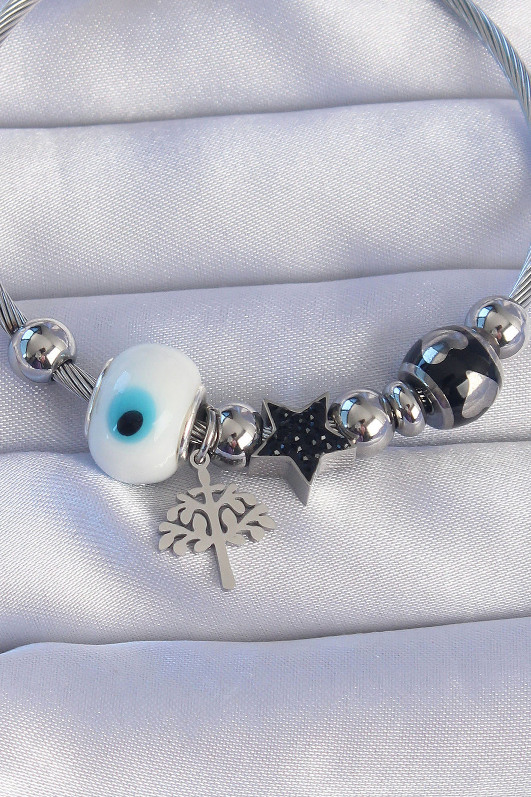 EBJ 316L Stainless Steel Silver Color Black Zircon Stone Star Design Tree Detail Evil Eye Charm Bracelet - Rochester