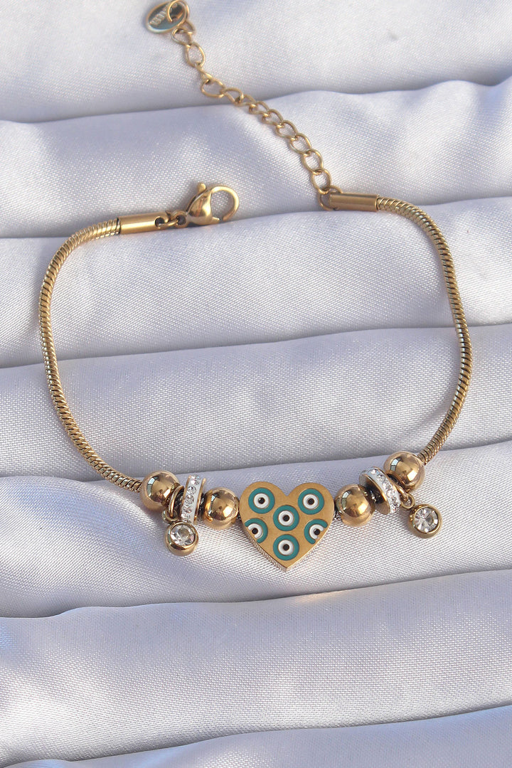 EBJ 316L Steel Gold Color Evil Eye Heart Design Bracelet with Zircon Stone - West Fargo