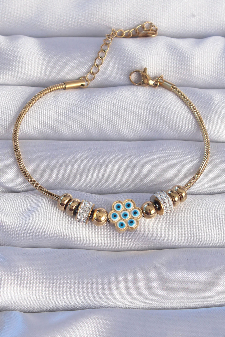 EBJ 316L Steel Gold Color Evil Eye Bracelet with Zircon Stone Flower Design - Taunton
