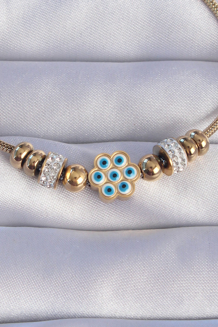 EBJ 316L Steel Gold Color Evil Eye Bracelet with Zircon Stone Flower Design - Taunton