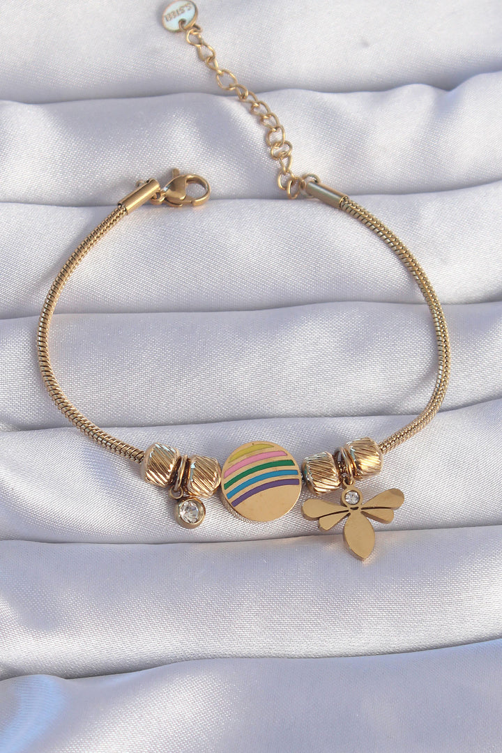 EBJ 316L Steel Gold Color Rainbow Design Dragonfly Bracelet with Zircon Stone - Genk