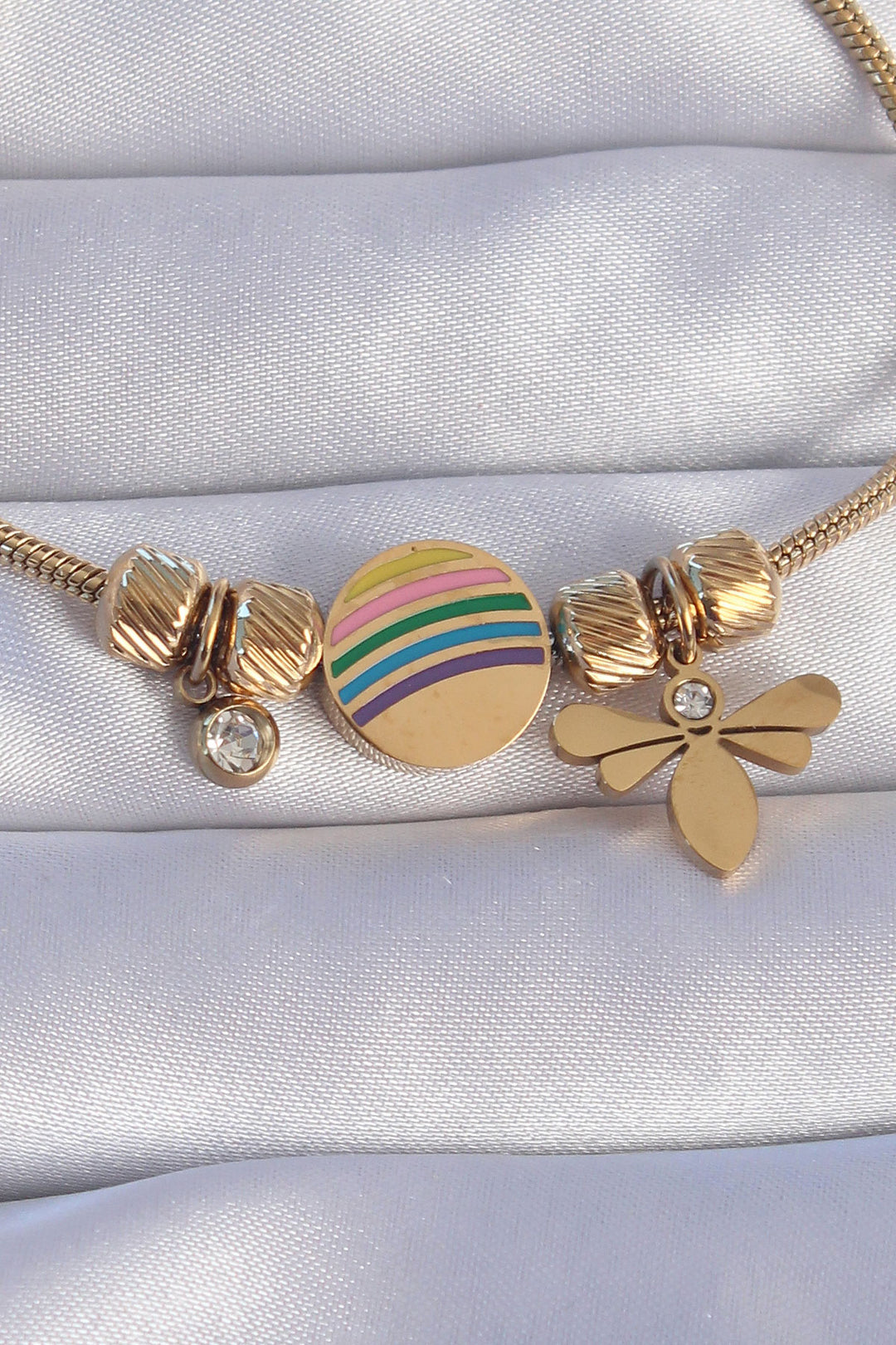 EBJ 316L Steel Gold Color Rainbow Design Dragonfly Bracelet with Zircon Stone - Genk