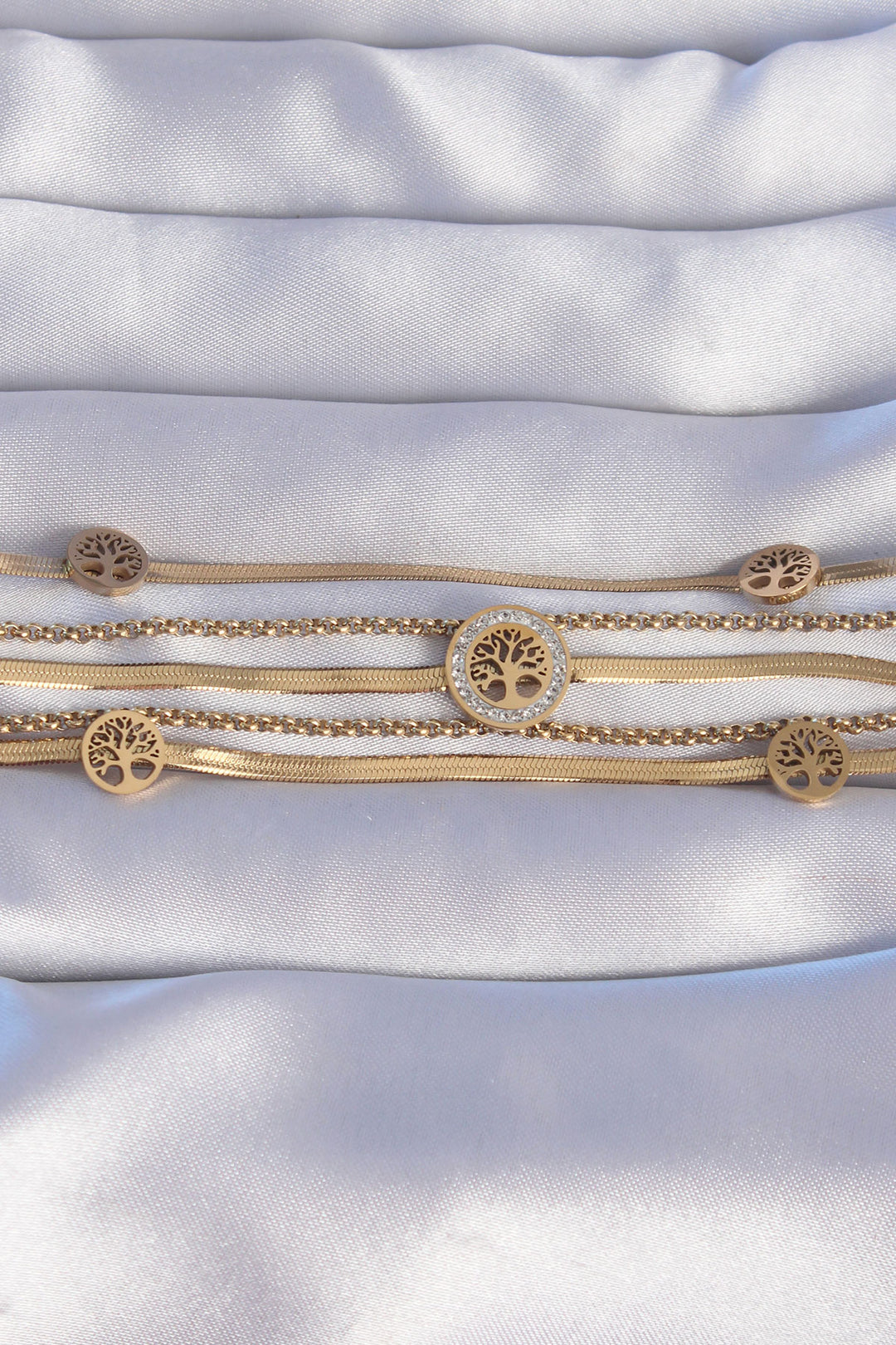 EBJ 316L Steel Gold Color Italian Chain Detailed Zircon Stone Life Tree Designed Multi Bracelet - Narbonne