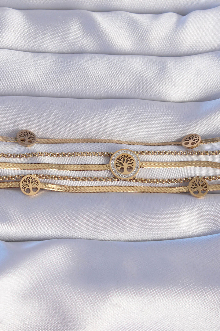 EBJ 316L Steel Gold Color Italian Chain Detailed Zircon Stone Life Tree Designed Multi Bracelet - Narbonne