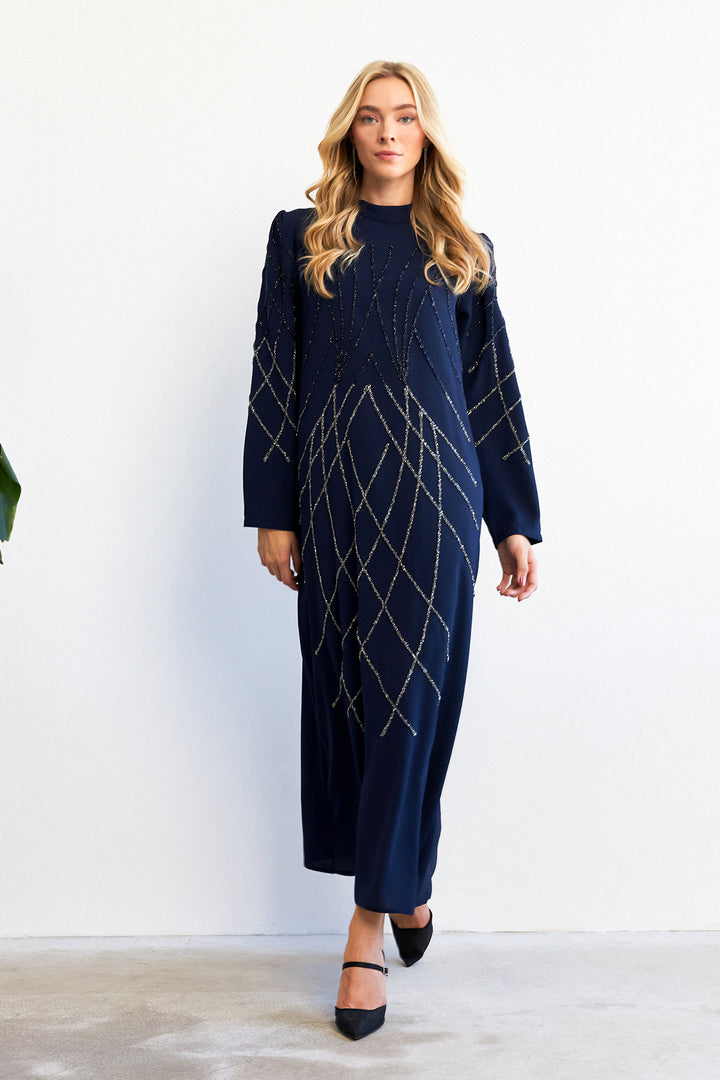 ZRF Women Alora Stone-Embroidered Evening Dress - Navy - Tacoma