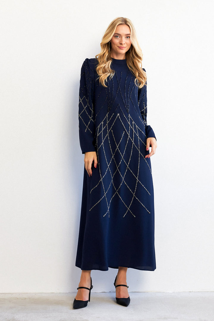 ZRF Women Alora Stone-Embroidered Evening Dress - Navy - Tacoma