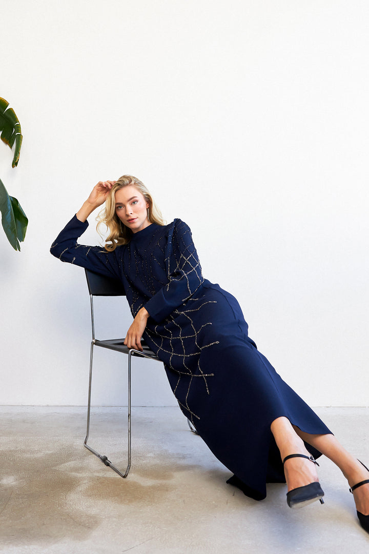 ZRF Women Alora Stone-Embroidered Evening Dress - Navy - Tacoma
