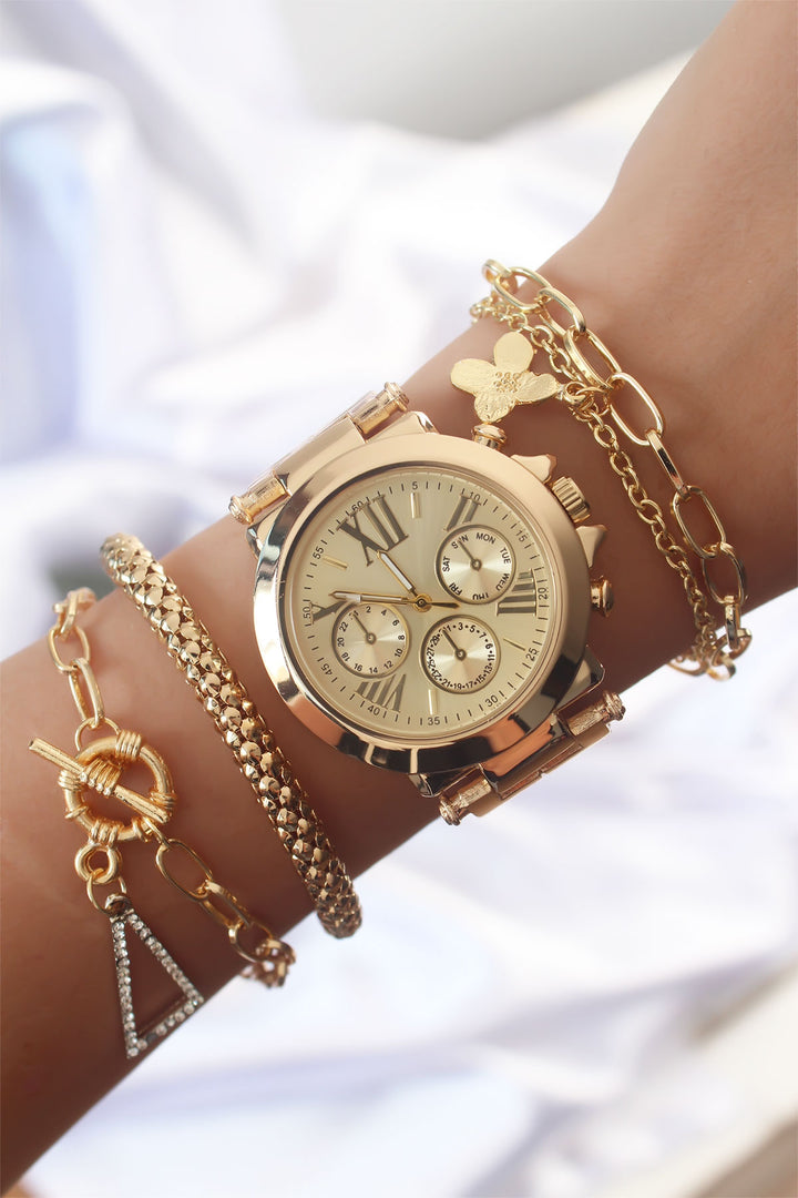 EBJ Gold Color Roman Numeral Metal Strap Watch and Bracelet Set - Fargo