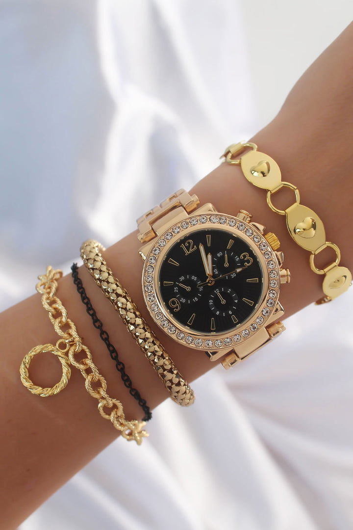 EBJ Gold Color Zircon Stone Black Dial Watch and Bracelet Combination - Vienna