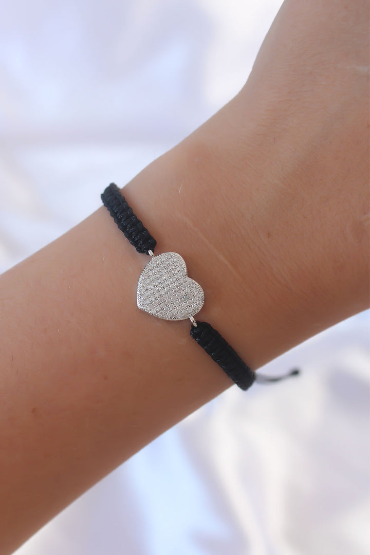 EBJ Silver Color Zircon Stone Heart Figure Macrame Bracelet - Antratsyt