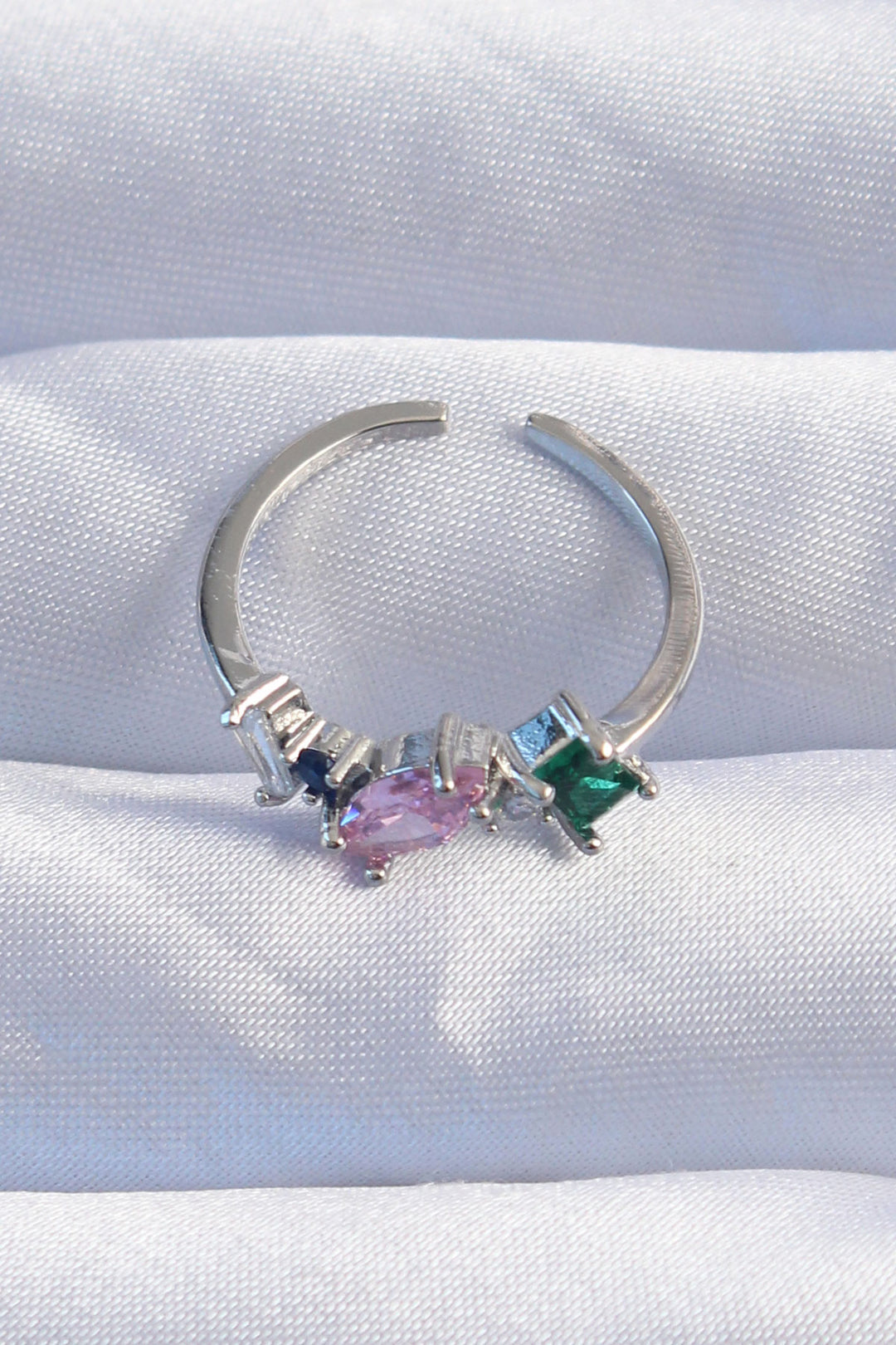 EBJ Adjustable Ring with Rice Silver Color and Colorful Zircon Stones - Brookline