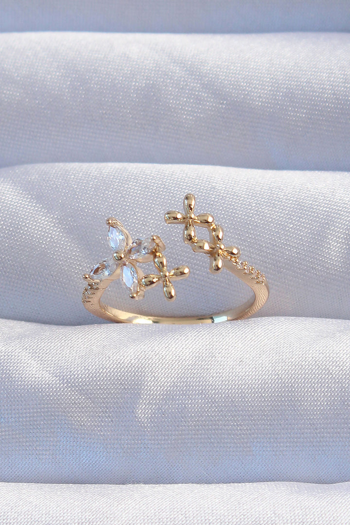 EBJ Adjustable Ring with Rice Gold Color Zircon Stone Flower Design - Littlehampton