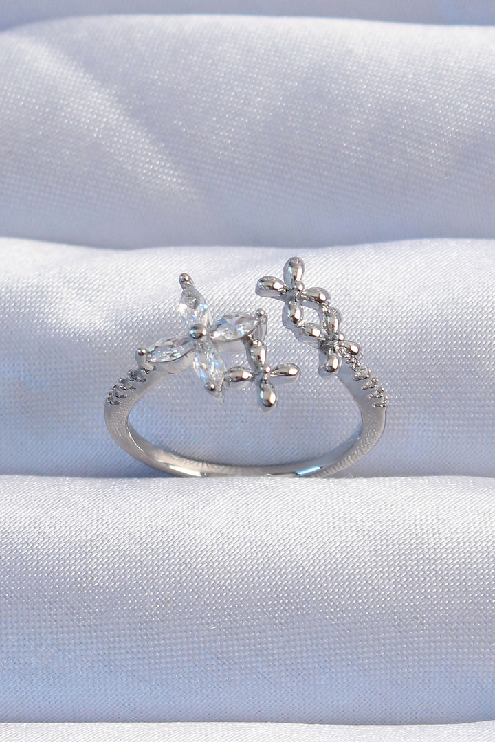 EBJ Adjustable Ring with Rice Silver Color Zircon Stone Flower Model - Solihull