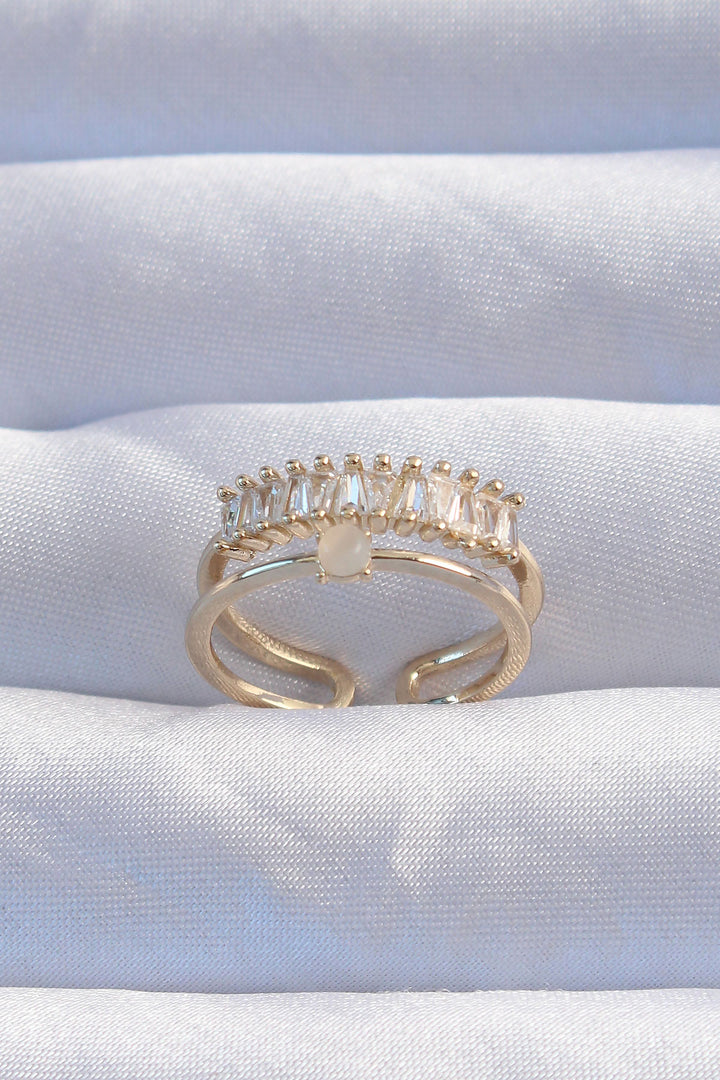 EBJ Adjustable Ring with 2 Waterway Models with Rice Gold Color Mother of Pearl and Zircon Stone - Salford