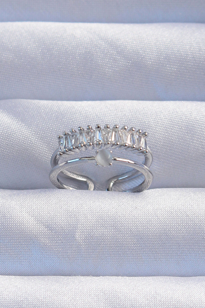 EBJ Rice Silver Color Mother of Pearl Zircon Stone Waterway Model 2-Piece Adjustable Ring - Druzhkivka