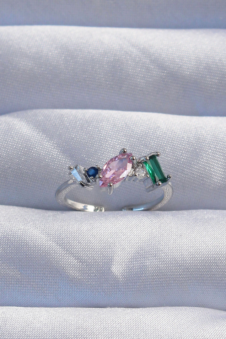 EBJ Adjustable Ring with Rice Silver Color and Colorful Zircon Stones - Brookline