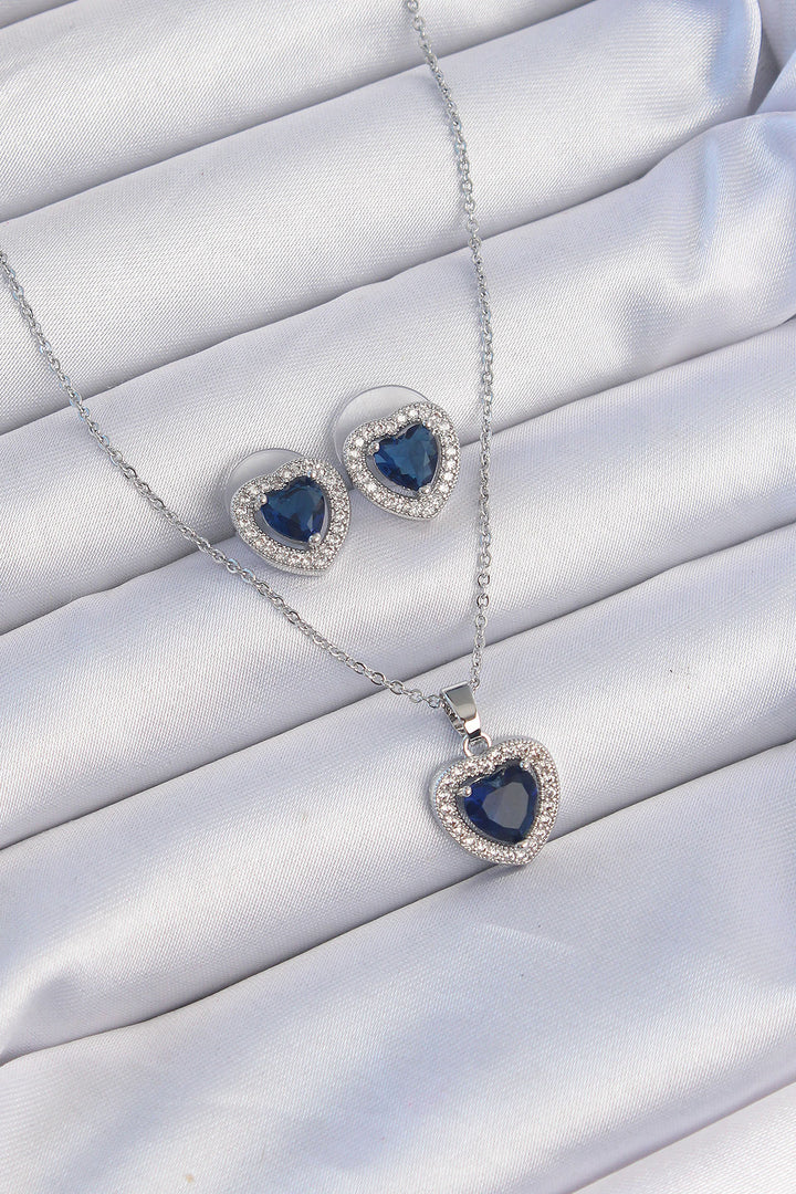 EBJ 316L Stainless Steel Chain Silver Color Zircon Stone Blue Heart Model Necklace Set - Barneveld