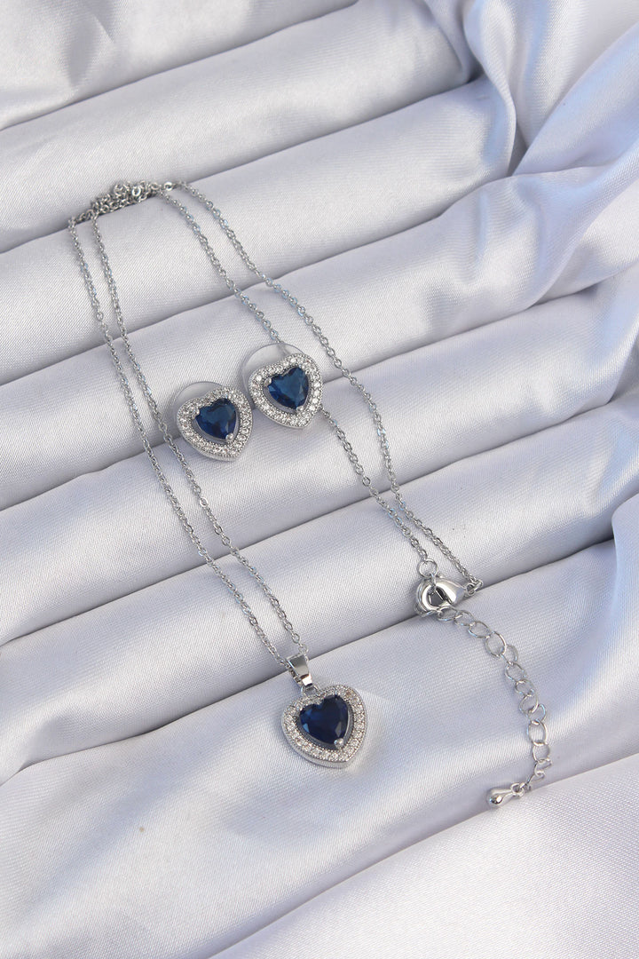 EBJ 316L Stainless Steel Chain Silver Color Zircon Stone Blue Heart Model Necklace Set - Barneveld