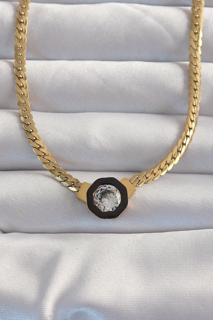 EBJ 316L Steel Gold Color Twisted Chain with Zircon Stone Enamel Serenay Necklace - Tamiami