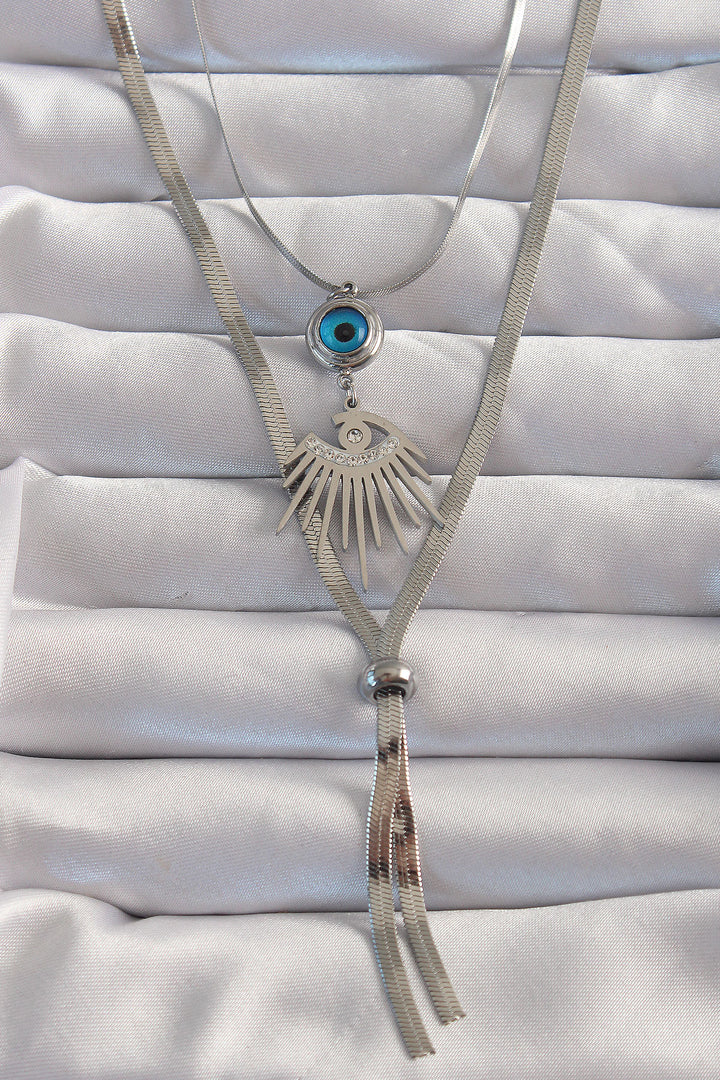 EBJ 316L Stainless Steel Silver Color Zircon Stone Eye Detail Evil Eye Long Elevator Model Necklace - Midland