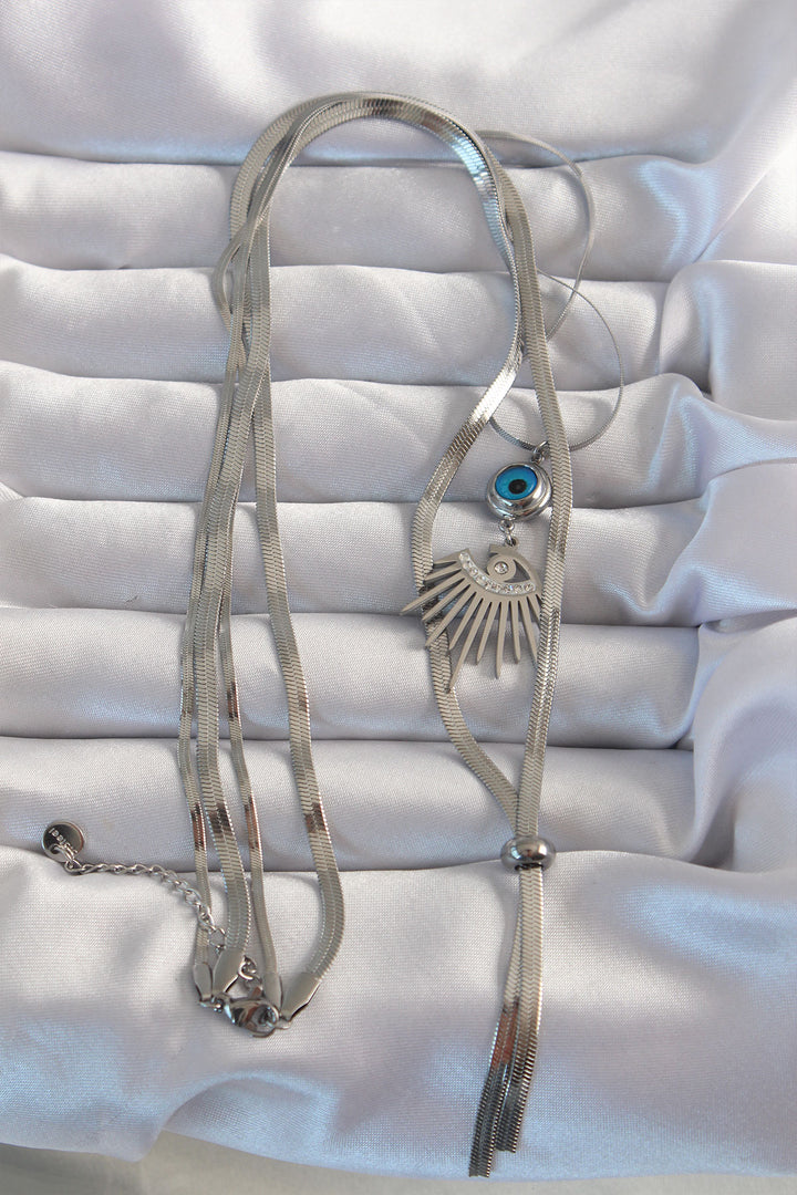 EBJ 316L Stainless Steel Silver Color Zircon Stone Eye Detail Evil Eye Long Elevator Model Necklace - Midland