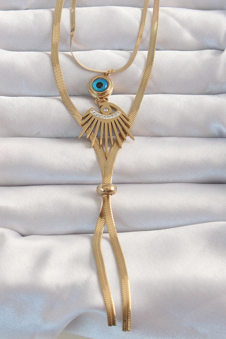 EBJ 316L Steel Gold Color Zircon Stone Eye Detail Evil Eye Long Elevator Model Necklace - Horsham