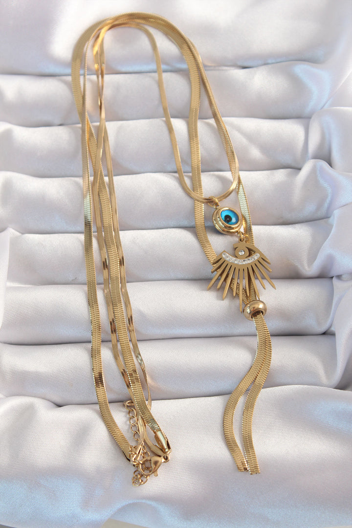 EBJ 316L Steel Gold Color Zircon Stone Eye Detail Evil Eye Long Elevator Model Necklace - Horsham
