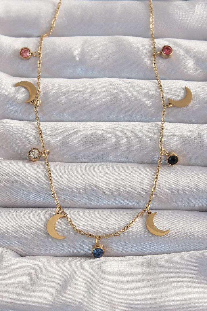 EBJ 316L Steel Gold Color Moon Model Colorful Zircon Stone Necklace - Apaseo el Alto