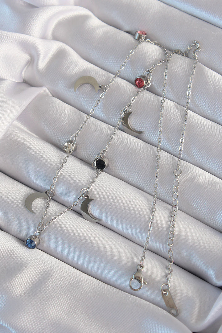 EBJ 316L Stainless Steel Silver Color Crescent Moon Model Necklace with Colorful Zircon Stone - Springfield
