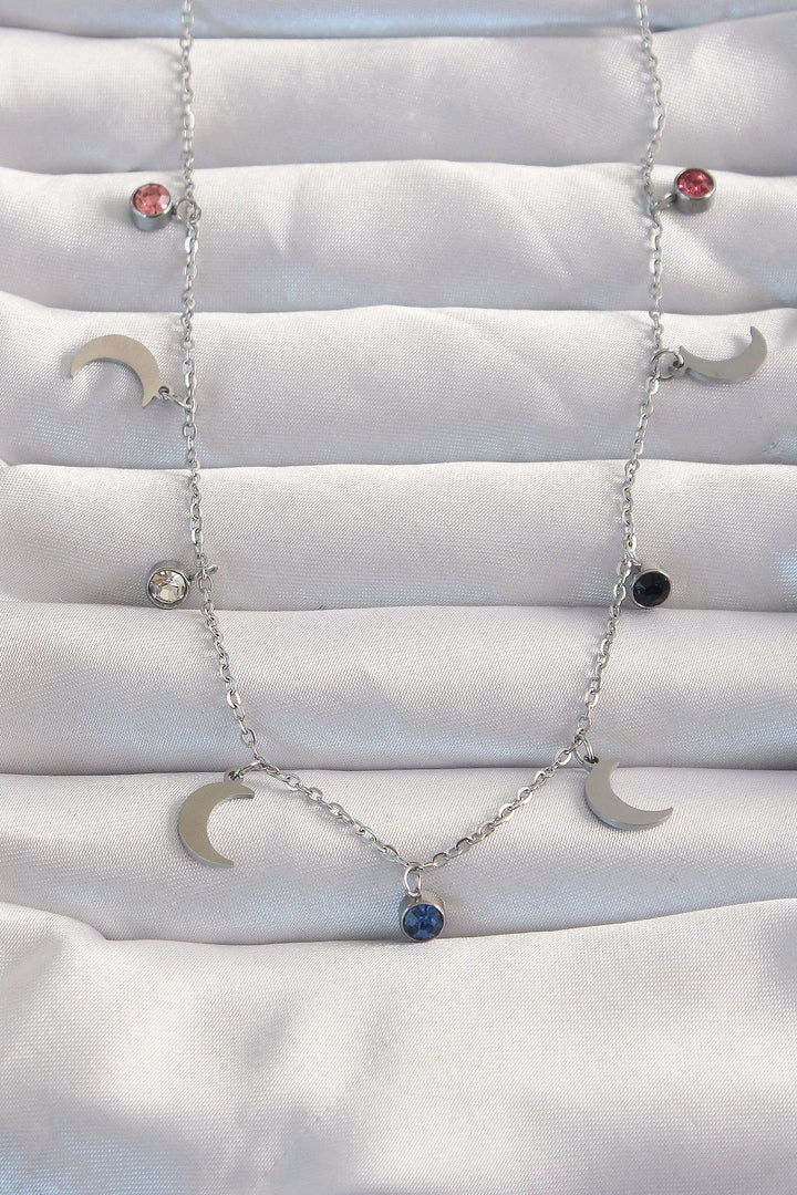 EBJ 316L Stainless Steel Silver Color Crescent Moon Model Necklace with Colorful Zircon Stone - Springfield