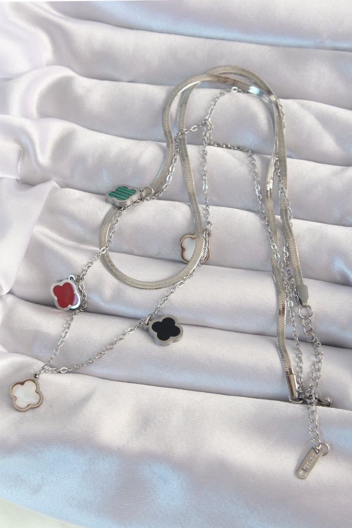 EBJ 316L Steel Silver Color Italian Chain Colorful Enamel Multi Clover Necklace - Bakersfield
