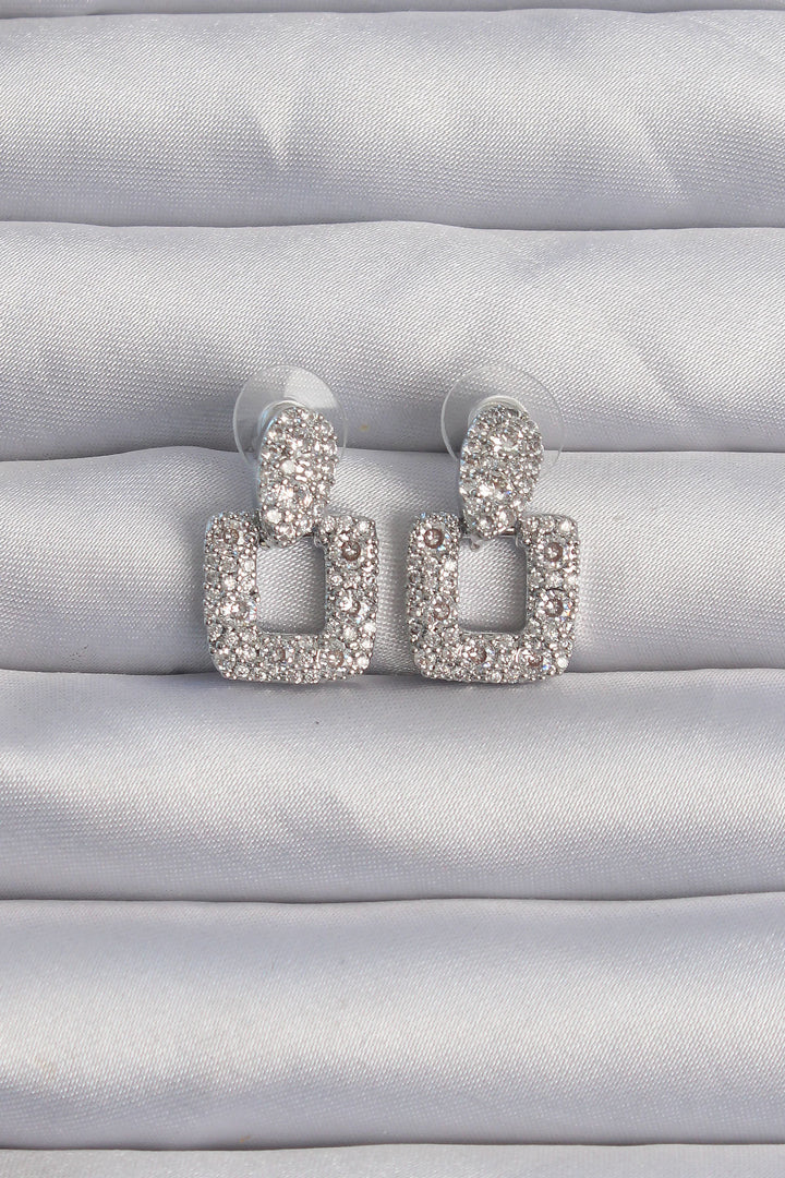 EBJ Rice Silver Color Square Shaped Earrings with Zircon Stone - Reims