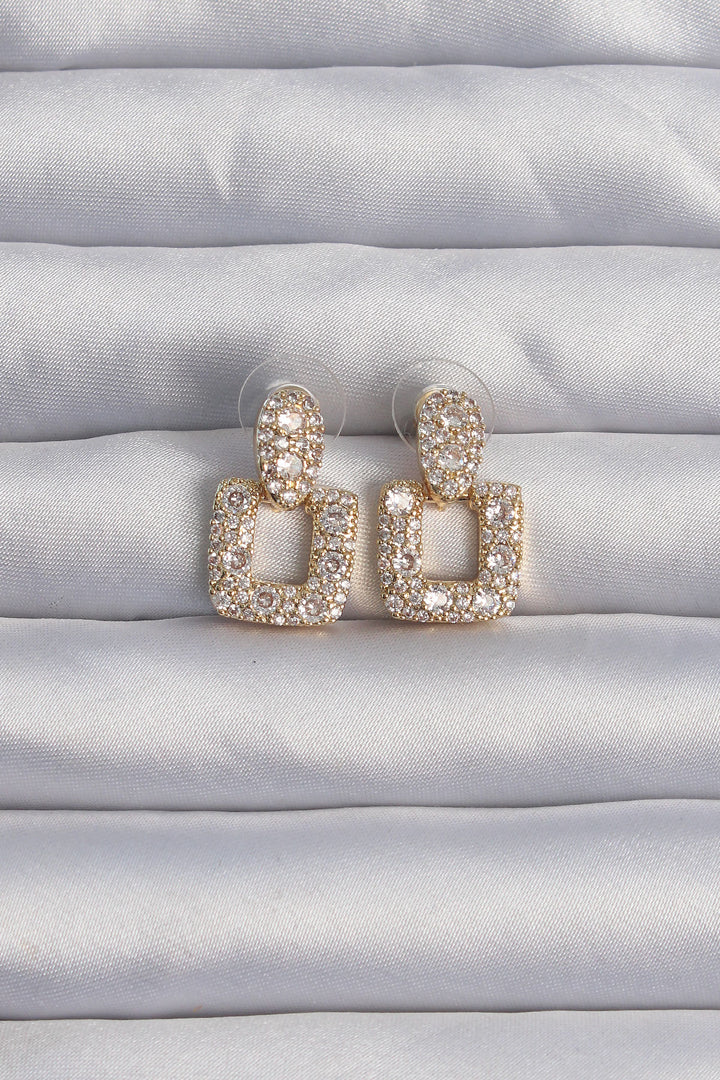 EBJ Gold Color Zircon Stone Square Shaped Earrings with Rice Pattern - Floreşti