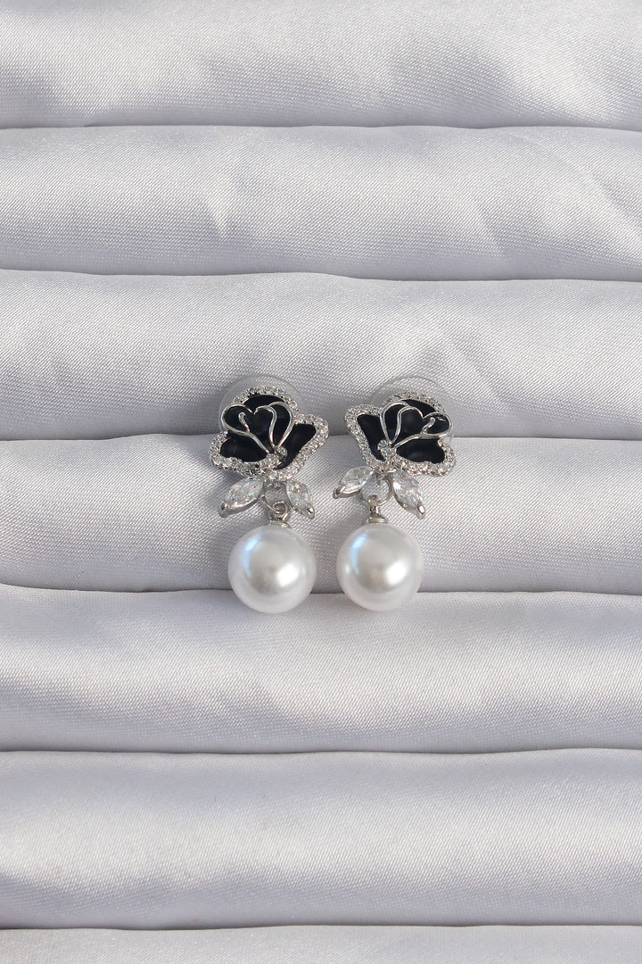 EBJ Rice Silver Color Zircon Stone Pearl Detail Black Rose Earring - Ormond Beach