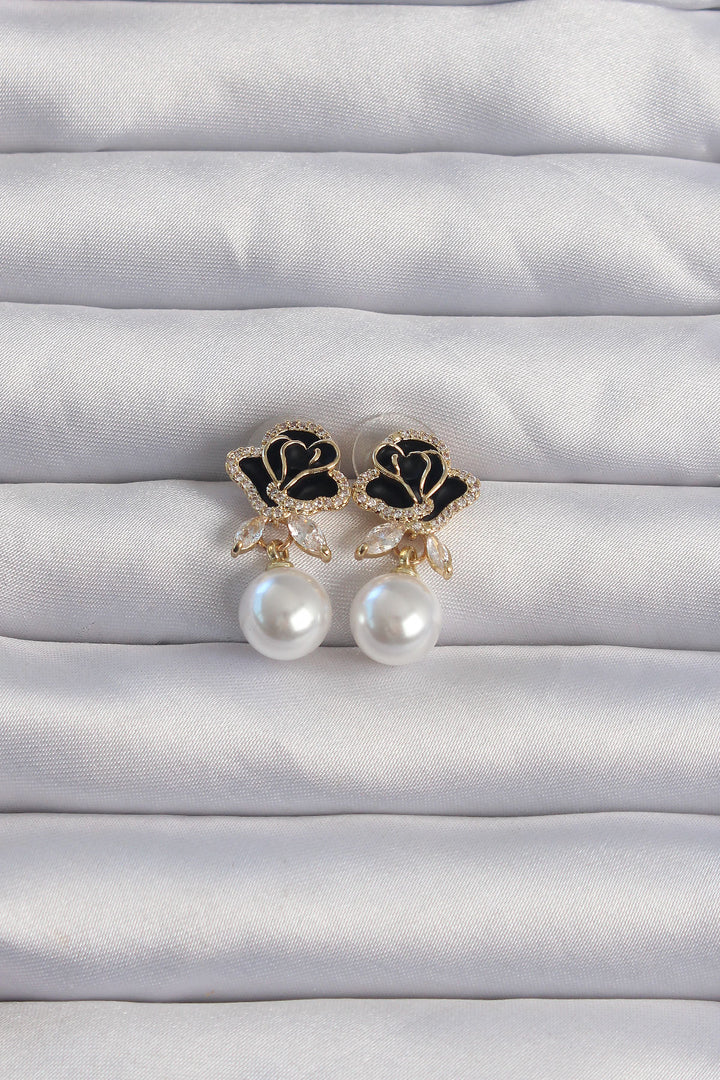 EBJ Rice Gold Color Zircon Stone Detailed Black Rose Earring - Morelia