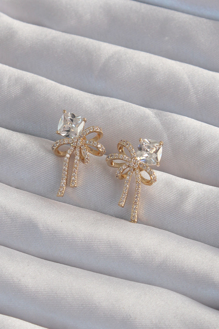 EBJ Rice Gold Color Square Zircon Stone Bow Earring - Tulare