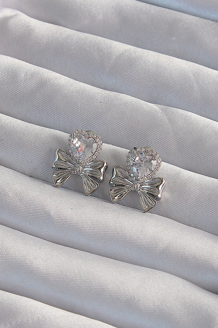 EBJ Rice Silver Color Zircon Stone Heart Model Bow Earring - Sunrise